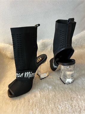 Mimosa Black Knit Peep-Toe Sock Boot-like Sandals with Clear Block Heel